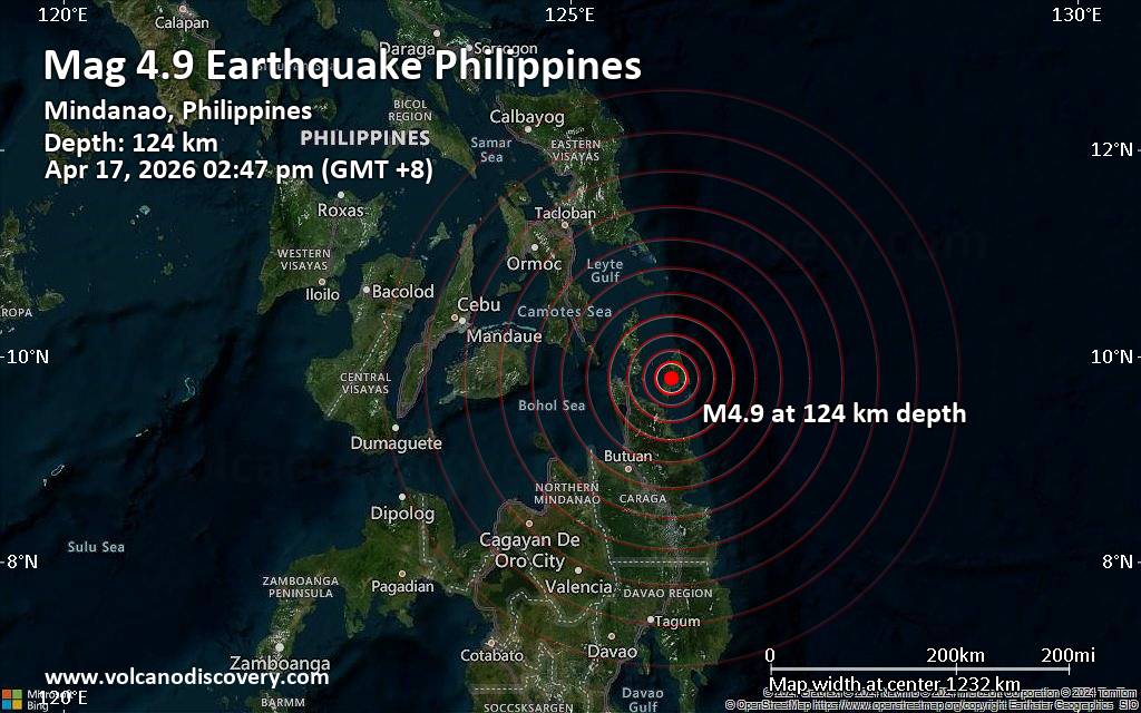 Moderate earthquake of magnitude 4.9 just reported 54 km east of Surigao, Philippines
