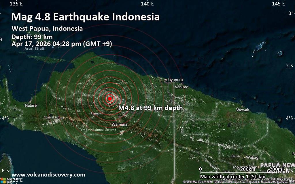 Moderate magnitude 4.8 earthquake 82 km northeast of Mulia, Indonesia