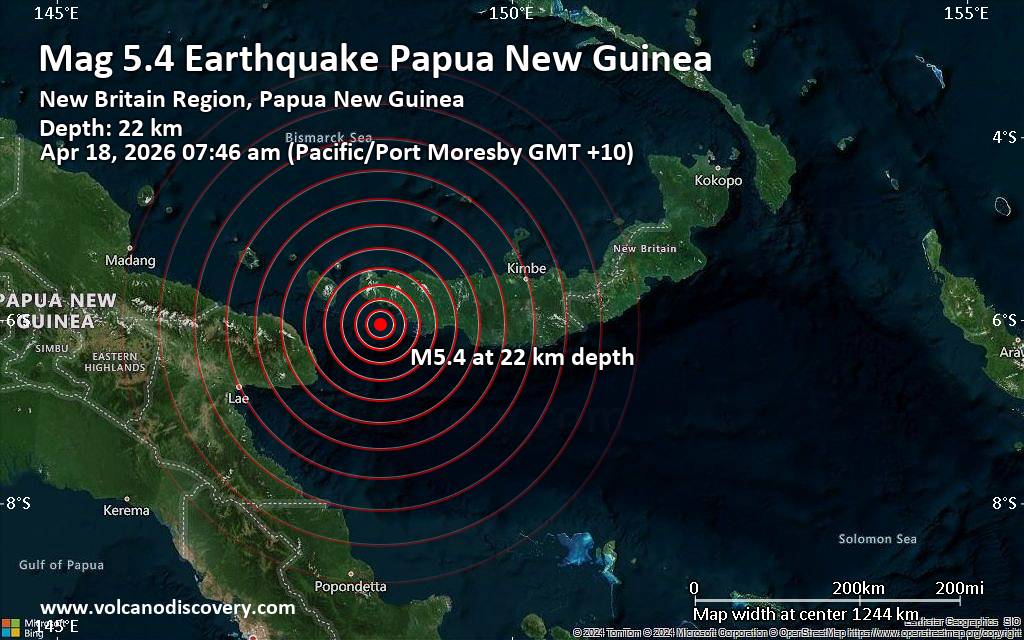 Significant earthquake of magnitude 5.4 just reported 100 km northeast of Finschhafen, Papua New Guinea