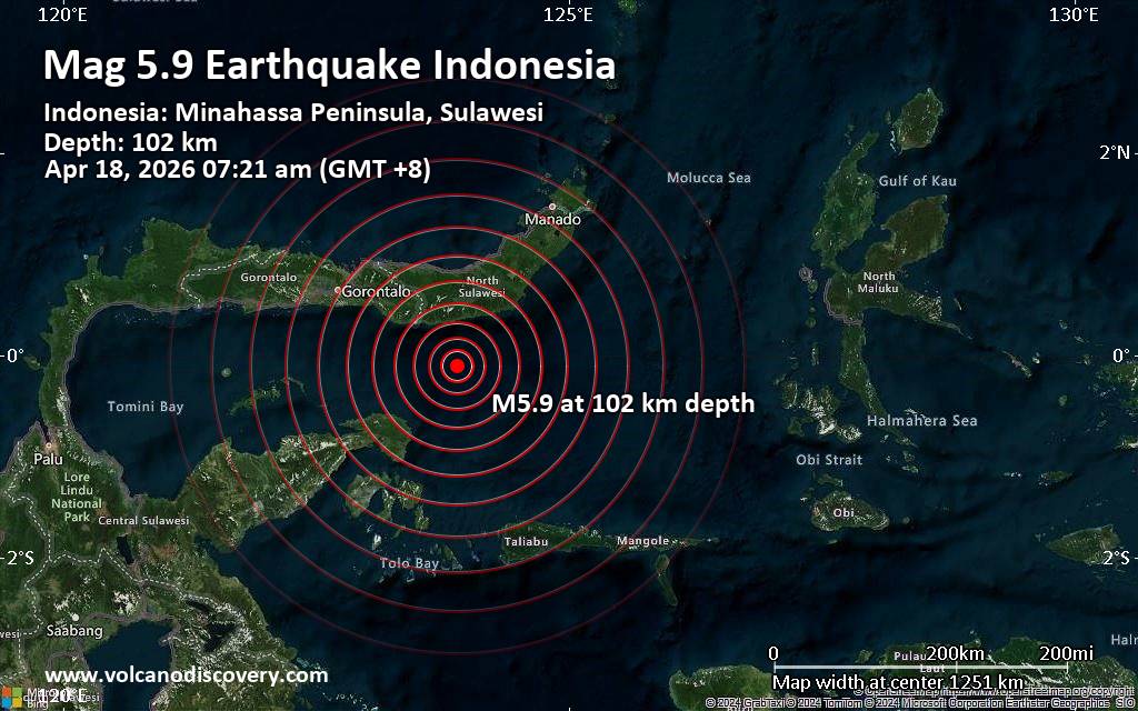 Magnitude 5.9 earthquake strikes near Modisi, Sulawesi Utara, Indonesia
