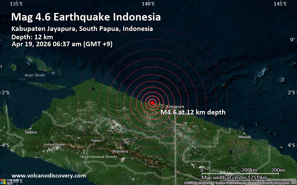 Moderate earthquake of magnitude 4.6 just reported 45 km northwest of Sentani, Indonesia