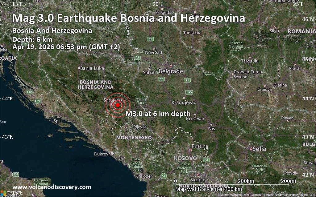 Small 3.0 quake hits near Sarajevo, Sarajevo Canton, Federation of Bosnia and Herzegovina, Bosnia & Herzegovina