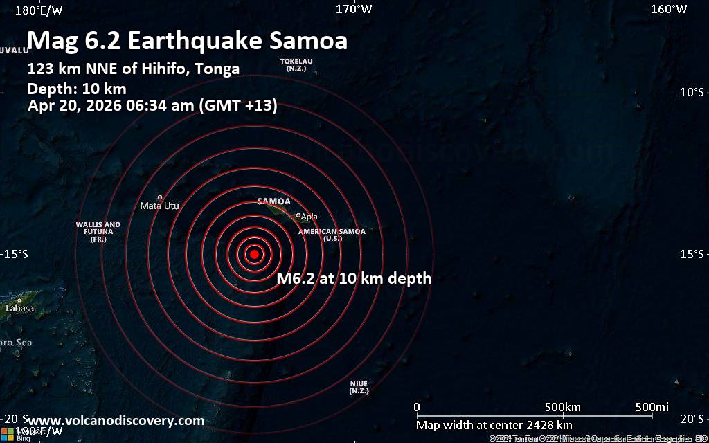 Significant 6.2 quake hits near Taga, Palauli, Samoa