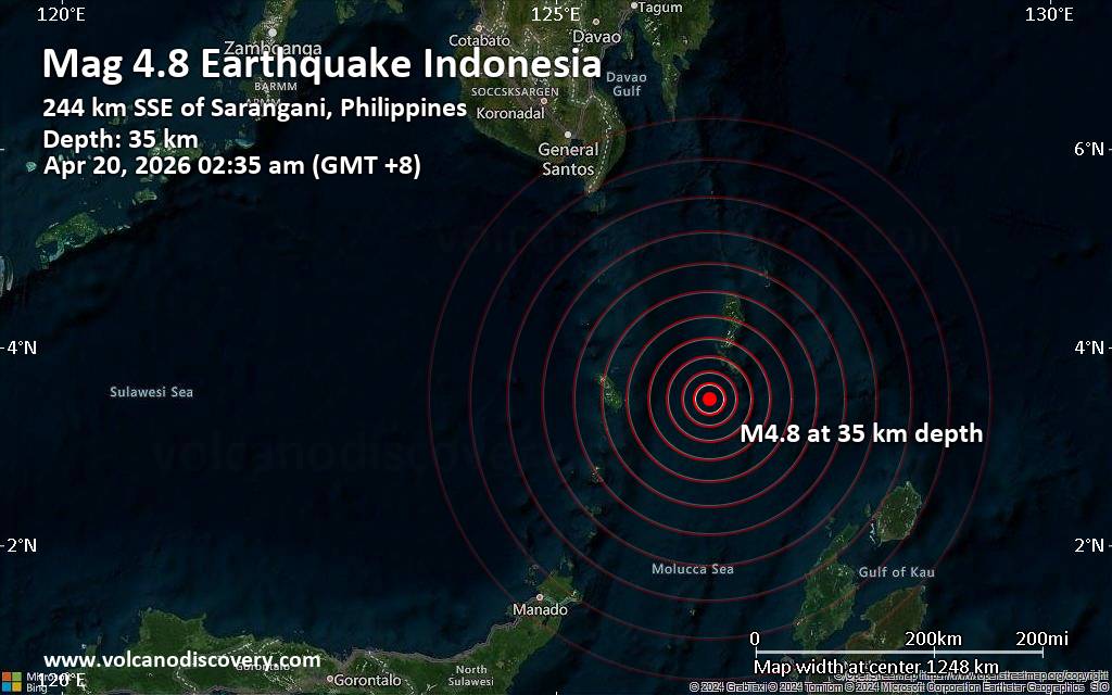 Moderate 4.8 quake hits near Tahuna, Kabupaten Kepulauan Sangihe, Sulawesi Utara, Indonesia