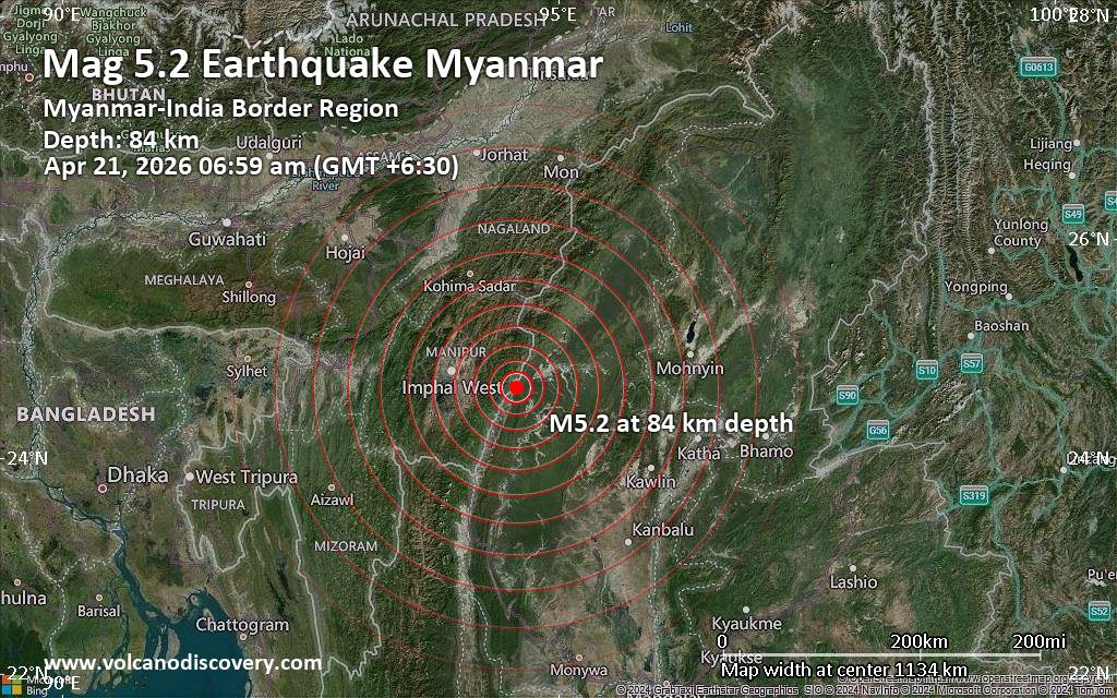 Significant 5.2 quake hits near Tatkon, Hkamti District, Sagaing Region, Myanmar (Burma)