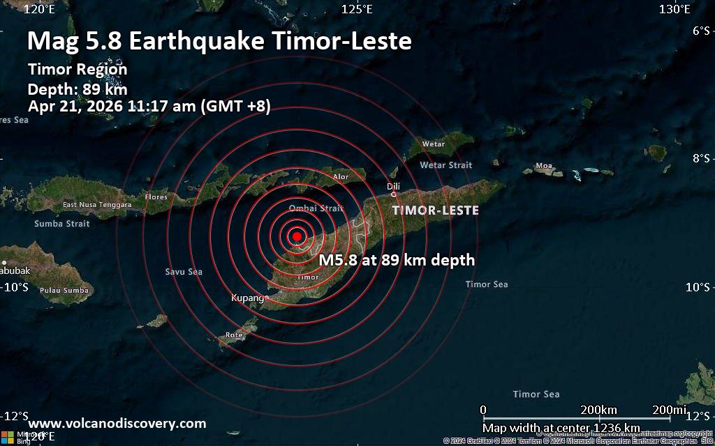 Magnitude 5.8 earthquake strikes near Lifau, Pante Makasar, Oecusse, Timor-Leste