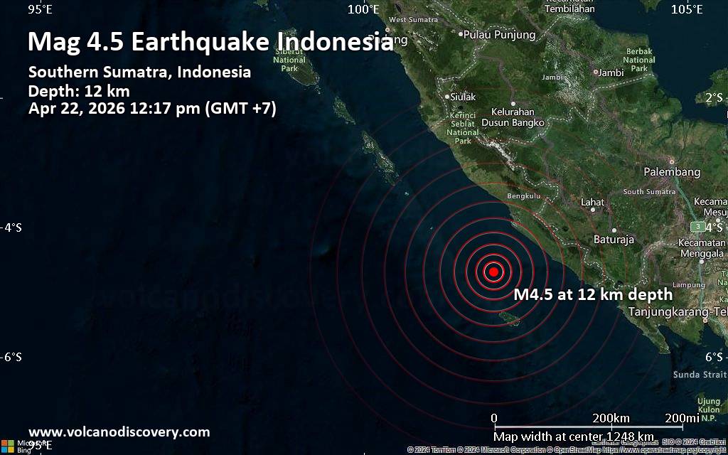 Moderate magnitude 4.5 earthquake 103 km southwest of Bengkulu, Indonesia