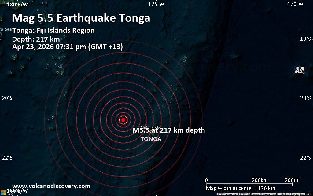 Moderate yet deep magnitude 5.5 earthquake 112 km northwest of Nuku'alofa, Tonga