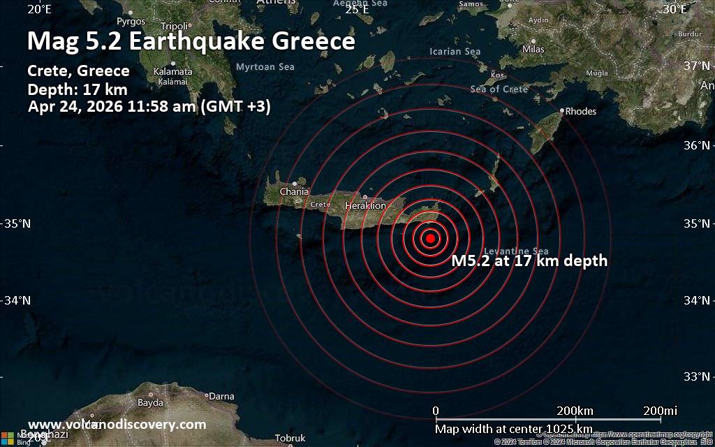 Significant earthquake of magnitude 5.2 just reported 44 km southeast of Ierapetra, Greece