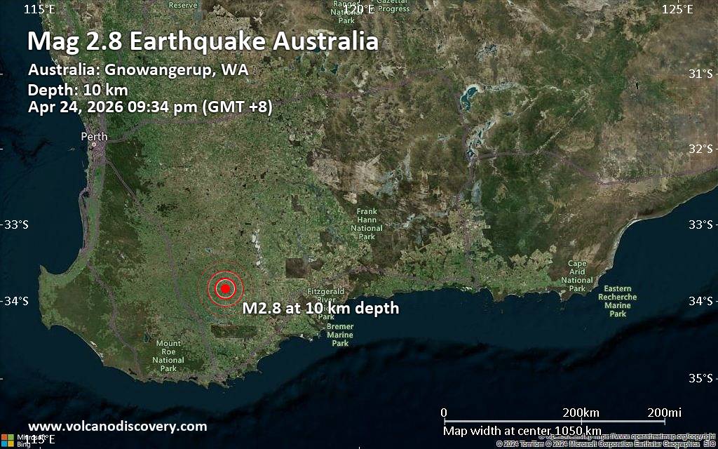 Small tremor of magnitude 2.8 just reported 23 miles southeast of Katanning, Western Australia, Australia