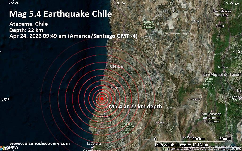Significant magnitude 5.4 earthquake 86 km southwest of Copiapo, Chile