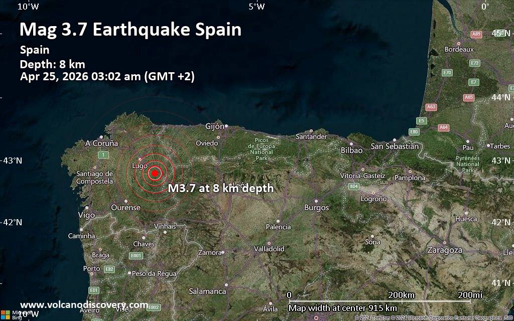 Small magnitude 3.7 quake hits 35 km southeast of Lugo, Spain early morning