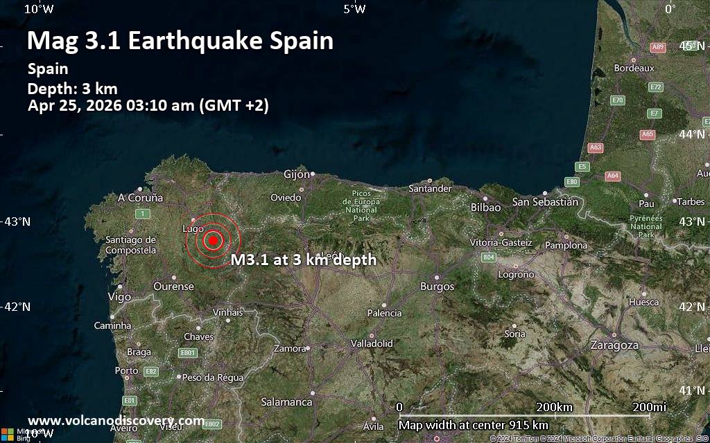 Small 3.1 quake hits near Lugo, Galicia, Spain