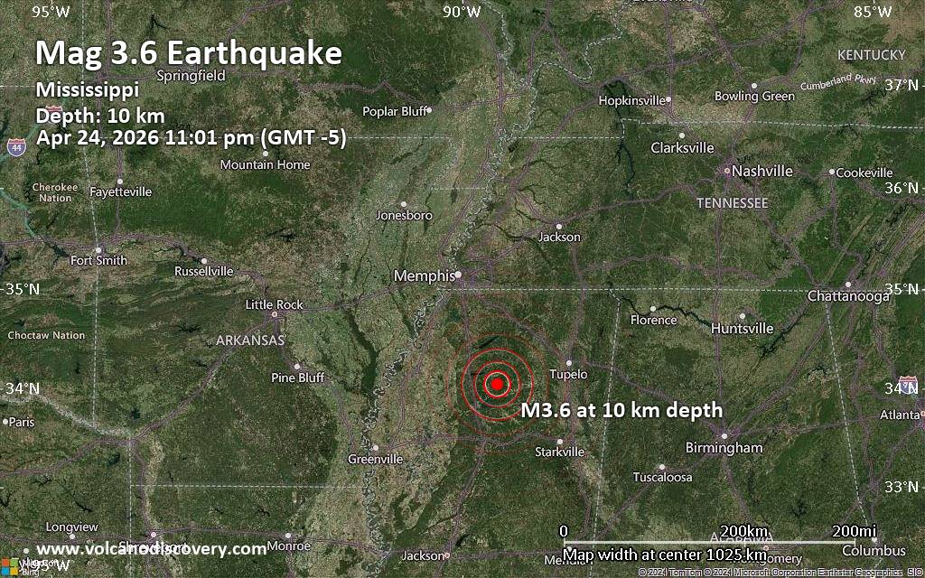 Small earthquake of magnitude 3.6 reported 22 miles south of Oxford, Mississippi, United States