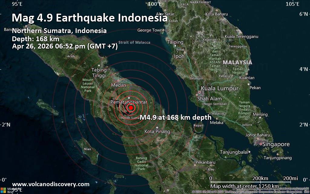 Moderate magnitude 4.9 quake hits 40 km south of Pematangsiantar, Indonesia early evening