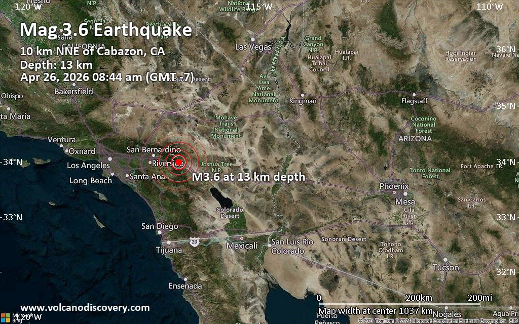 Small 3.6 quake hits near Banning, Riverside County, California, USA