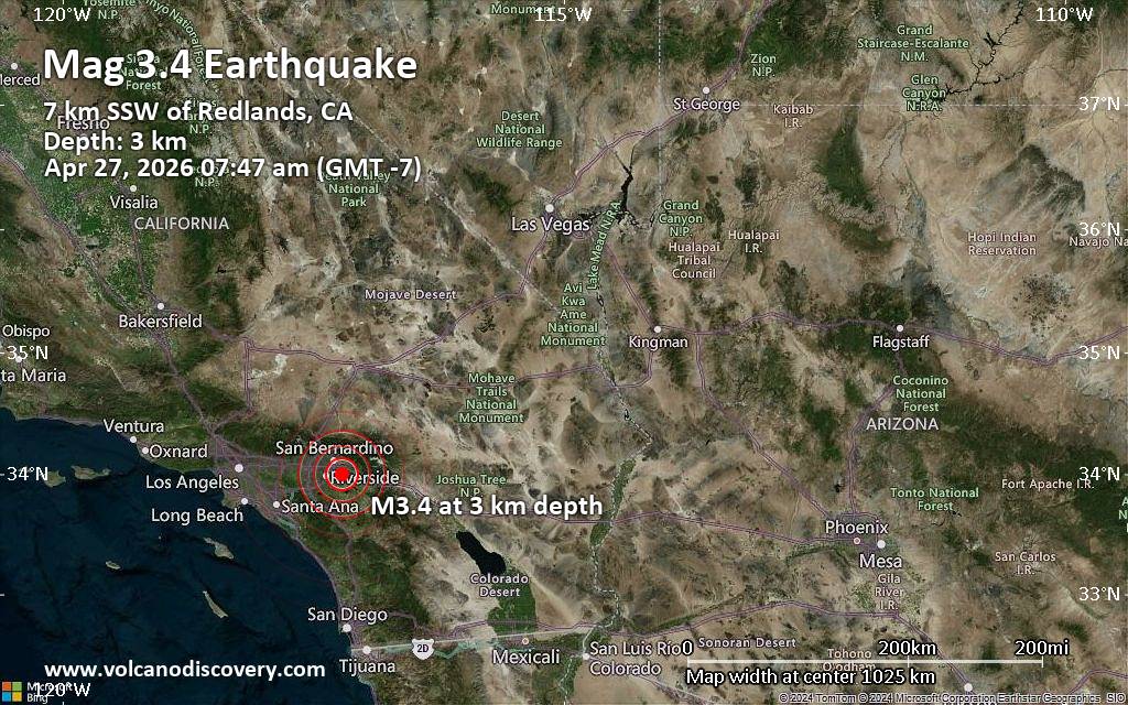 Magnitude 3.4 earthquake strikes near Moreno Valley, Riverside County, California, USA