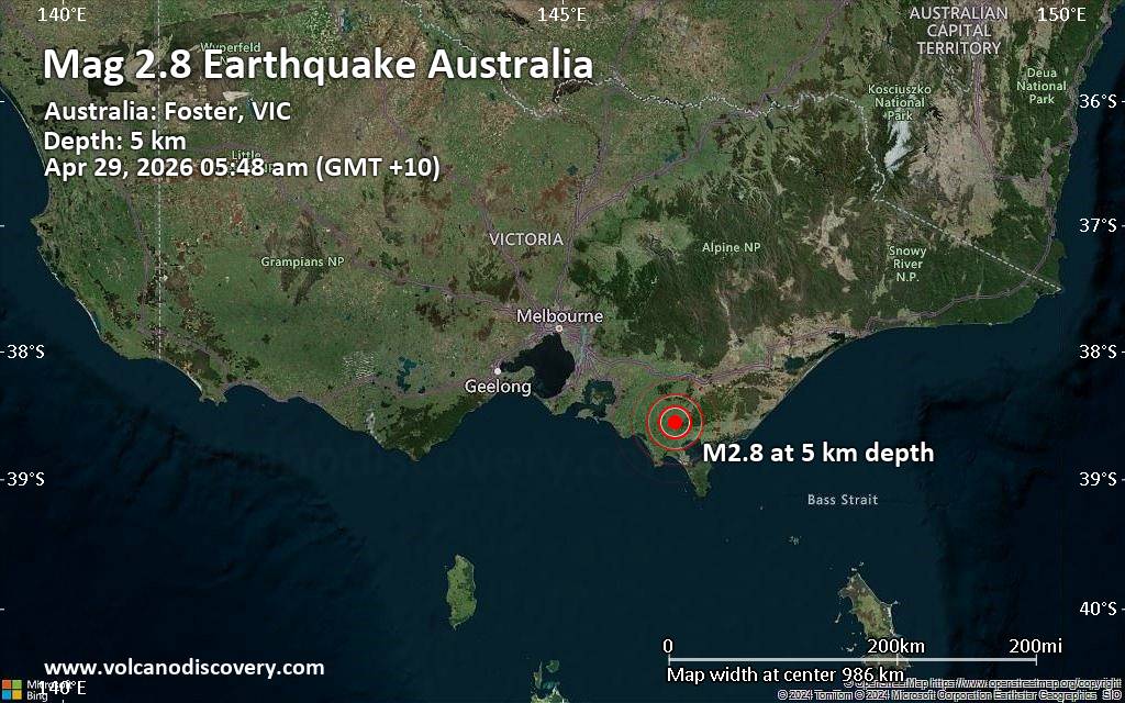 Small magnitude 2.8 earthquake 29 miles southeast of Warragul, Victoria, Australia
