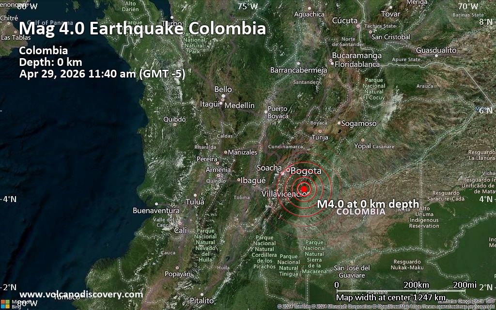 Moderate tremor of magnitude 4.0 just reported 16 km northwest of Villavicencio, Colombia