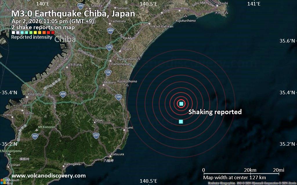 Seismic-like event, possible earthquake, reported few minutes ago near Togane, Chiba, Japan