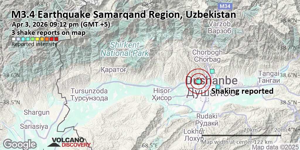 Seismic-like event, possible earthquake, reported few minutes ago near Samarkand, Samarqand Region, Uzbekistan