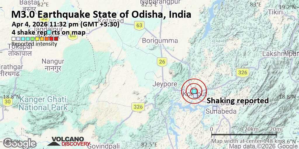 Seismic-like event, possible earthquake, reported few minutes ago near Jeypore, Odisha, India