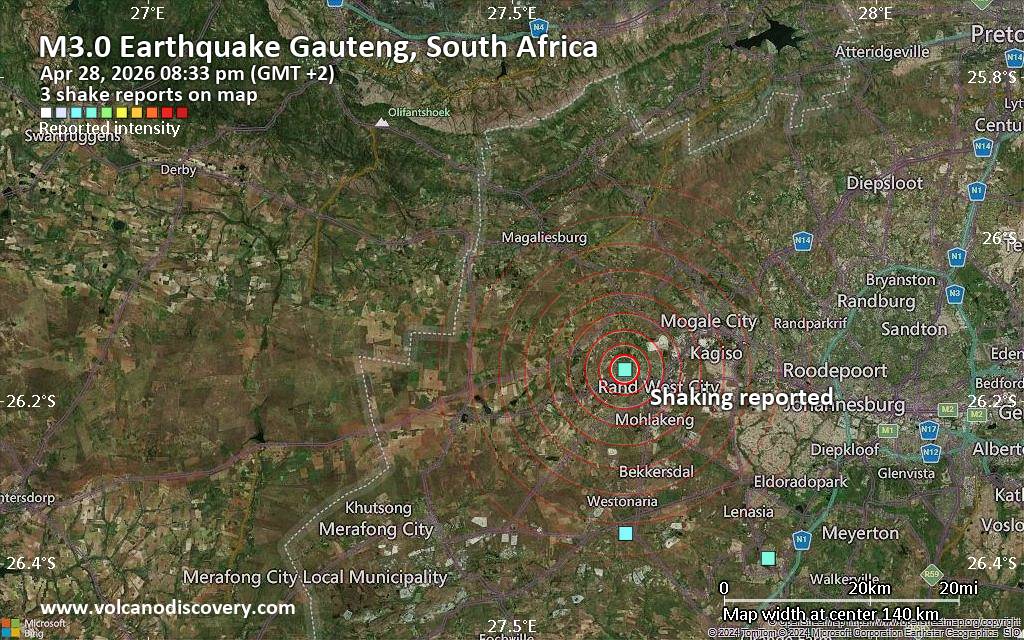 Seismic-like event, possible earthquake, reported few minutes ago near Soweto, Gauteng, South Africa