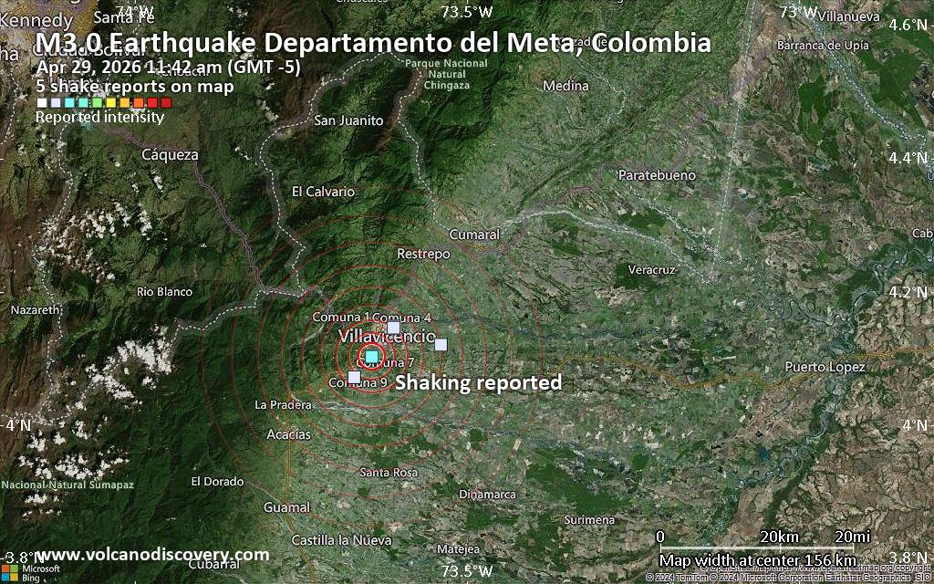 Seismic-like event, possible earthquake, reported few minutes ago near Villavicencio, Meta Department, Colombia