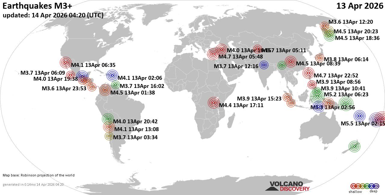 World Earthquake Report for Monday, 13 April 2026