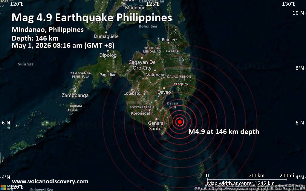 Moderate earthquake of magnitude 4.9 just reported 59 km southeast of Malita, Philippines