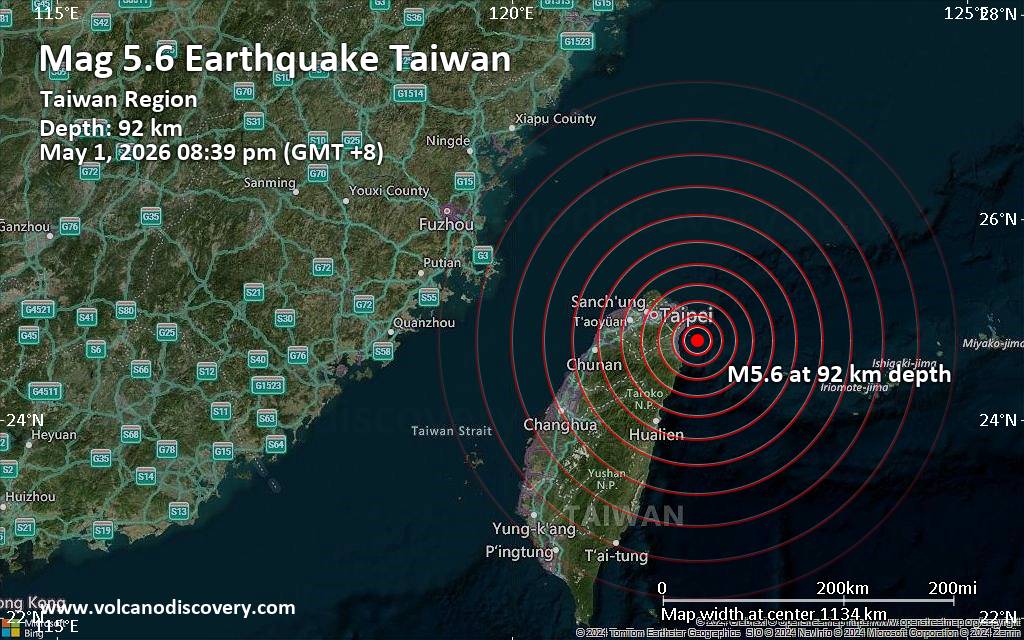 Significant 5.6 quake hits near Yilan, Yilan County, Taiwan