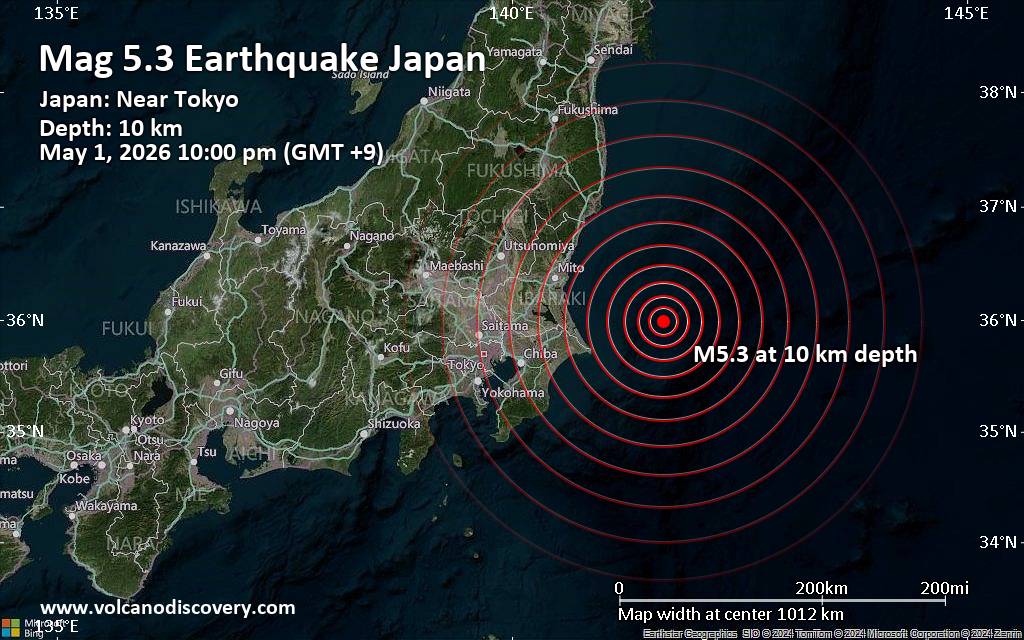 Significant magnitude 5.3 earthquake 90 km east of Kamisu, Japan