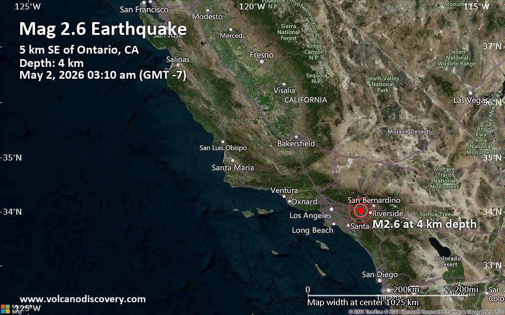 Magnitude 2.6 earthquake strikes near Ontario, San Bernardino County, California, USA