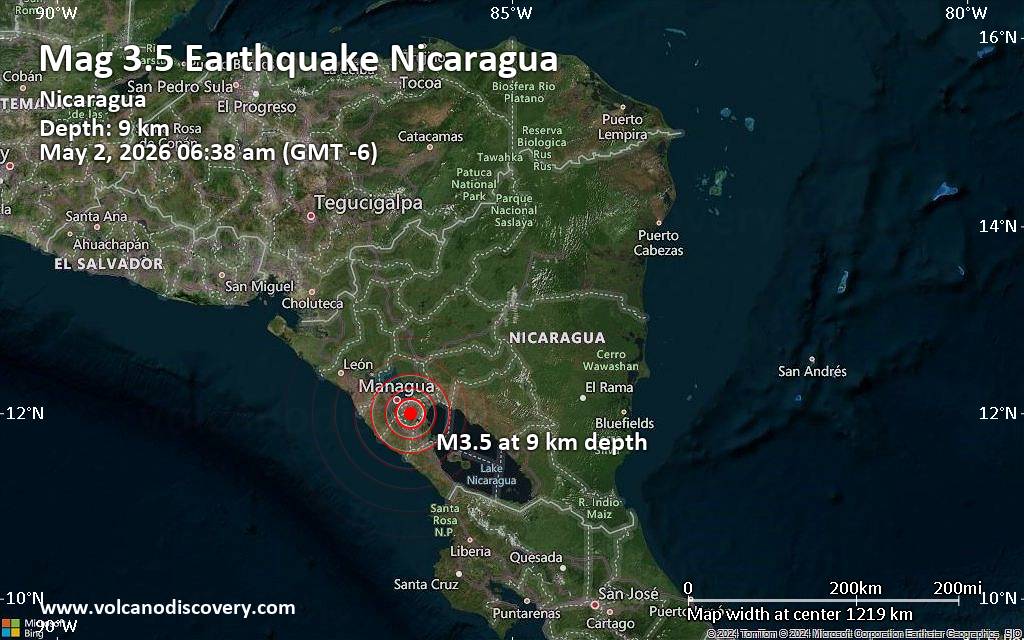 Small tremor of magnitude 3.5 just reported 3 km northwest of Masaya, Nicaragua