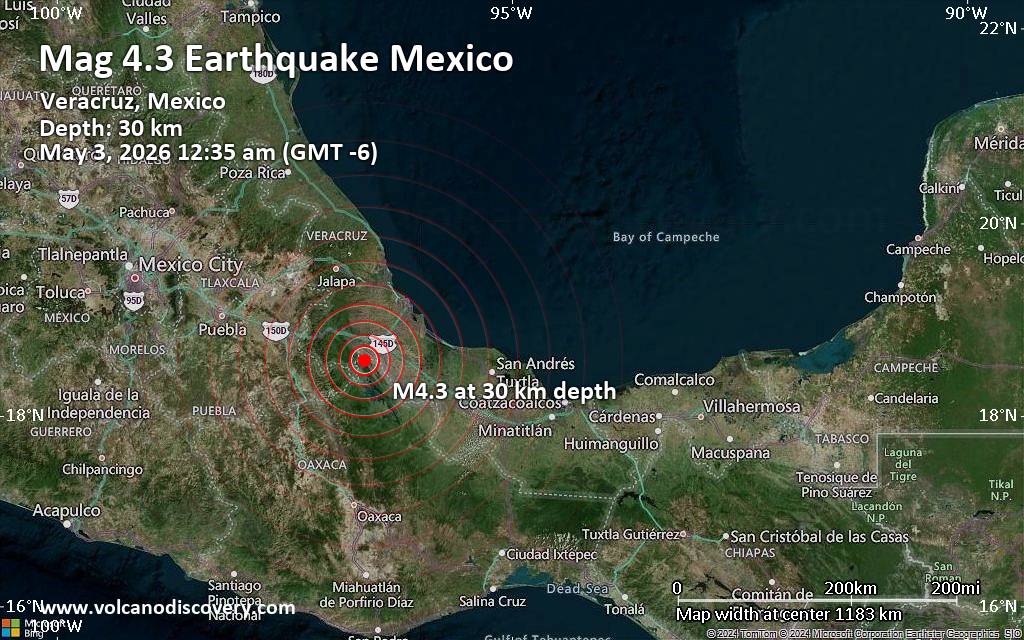 Moderate magnitude 4.3 earthquake 47 km southeast of Cordoba, Mexico