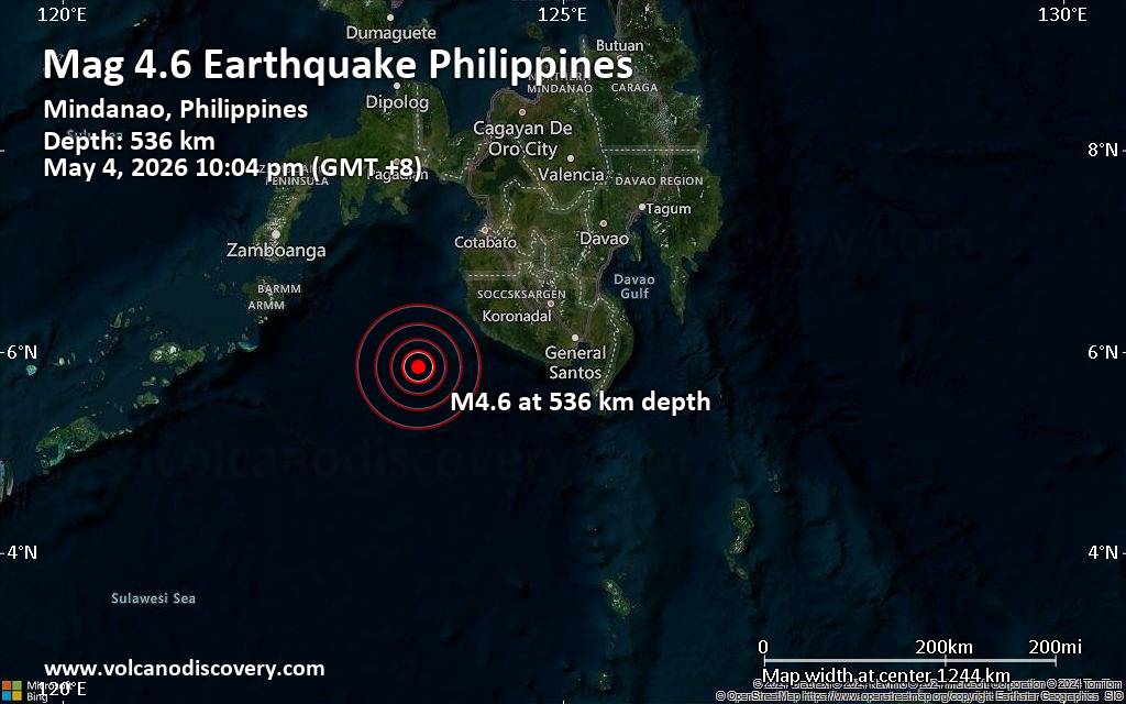 Magnitude 4.6 earthquake strikes near Kalamansig, Sultan Kudarat, Soccsksargen, Philippines