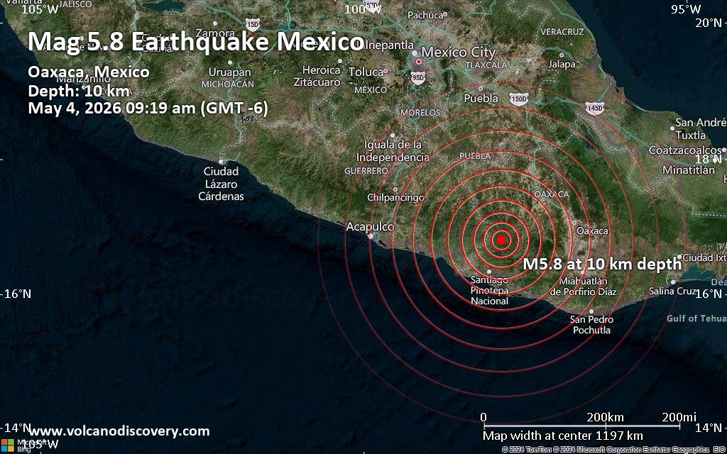 Significant magnitude 5.8 quake hits 55 km northeast of Pinotepa Nacional, Mexico in the morning