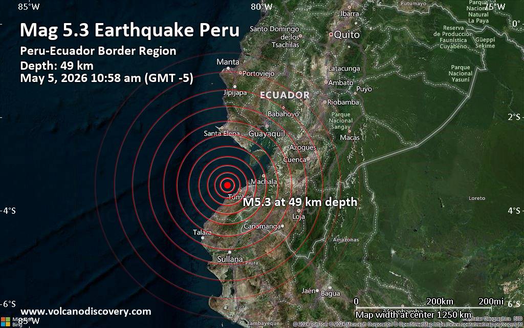Significant earthquake of magnitude 5.3 just reported 35 km northwest of Tumbes, Peru