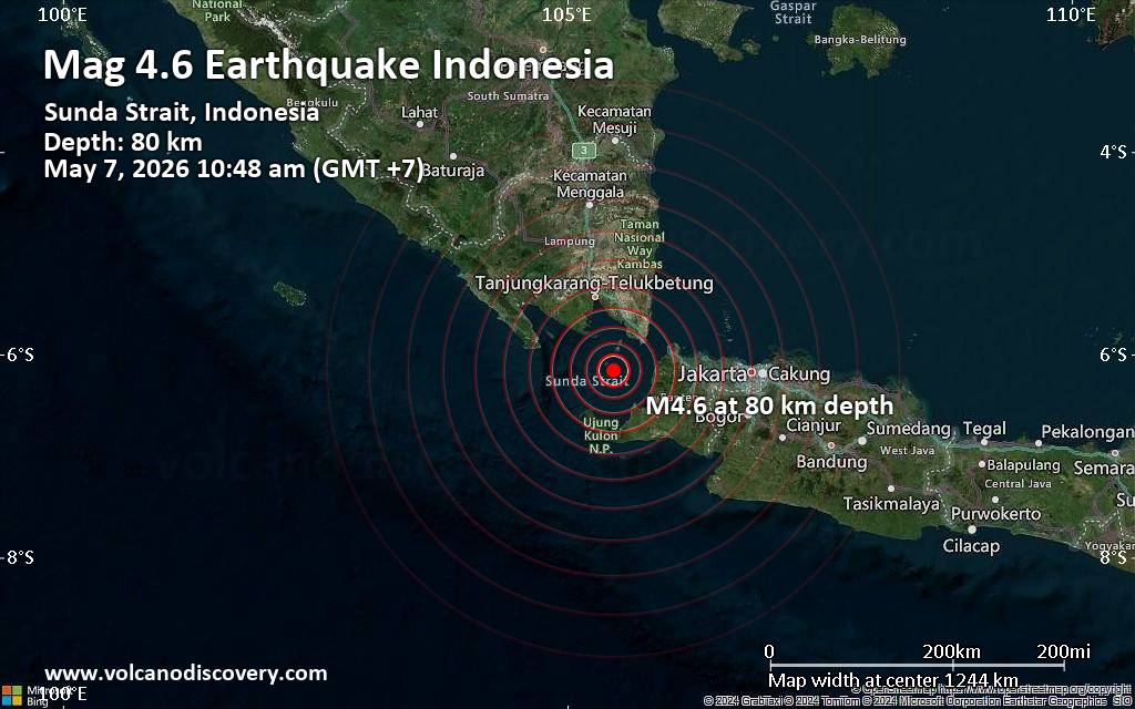 Moderate magnitude 4.6 earthquake 84 km southeast of Bandar Lampung, Indonesia