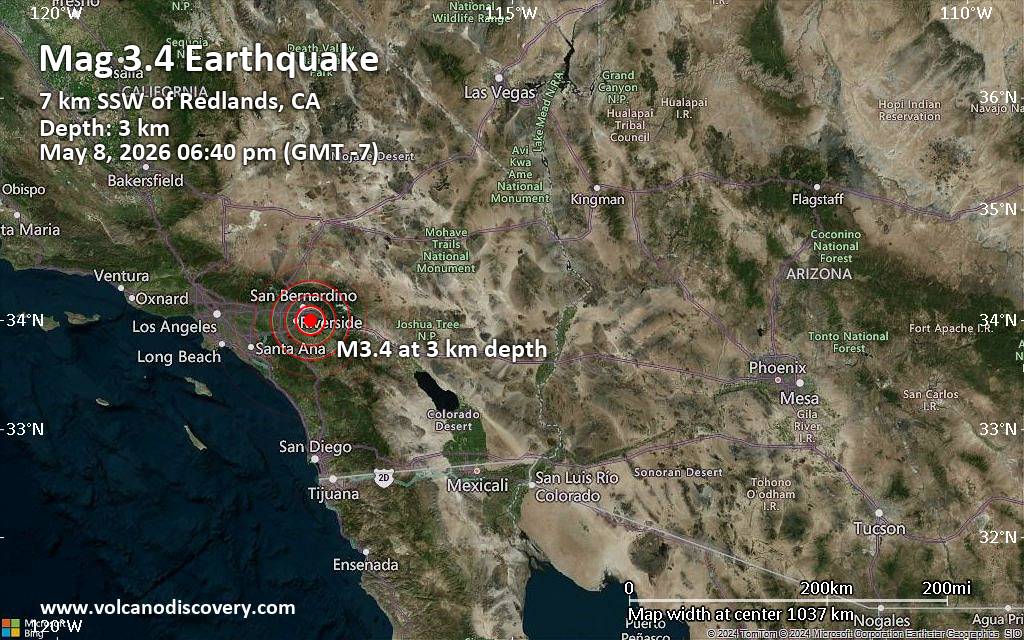 Small earthquake of magnitude 3.4 just reported 4 miles northeast of Moreno Valley, California, United States