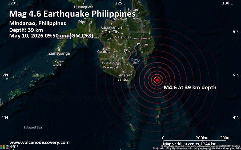 Moderate earthquake of magnitude 4.6 just reported 89 km southeast of Pondaguitan, Philippines
