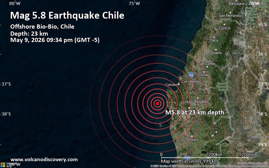 Significant magnitude 5.8 quake hits 34 km west of Lebu, Chile in the evening