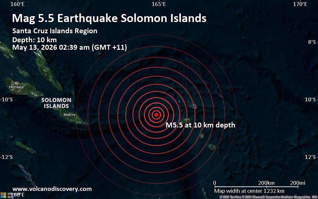 Significant earthquake of magnitude 5.5 just reported 100 km northwest of Lata, Solomon Islands