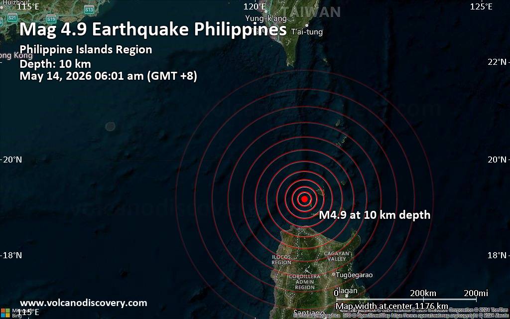 Moderate earthquake of magnitude 4.9 just reported 70 km northwest of Sanchez-Mira, Philippines