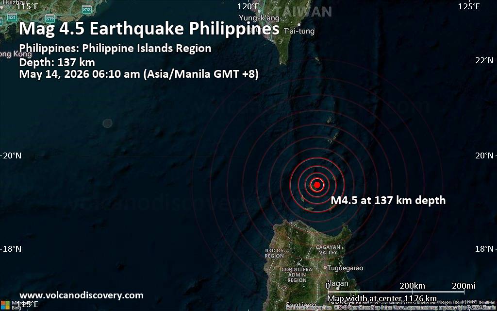 Moderate magnitude 4.5 earthquake 96 km northeast of Sanchez-Mira, Philippines