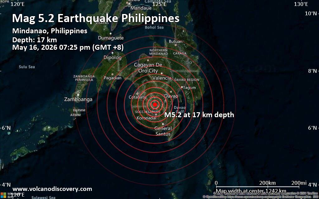 Magnitude 5.2 earthquake strikes near Koronadal, South Cotabato, Soccsksargen, Philippines