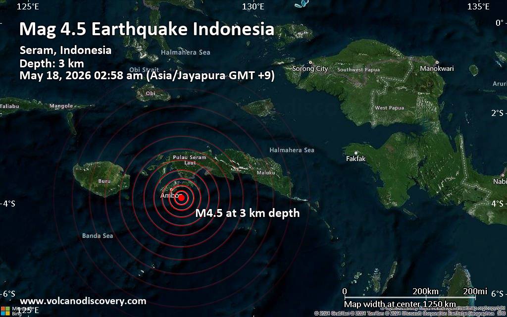 Moderate magnitude 4.5 quake hits 31 km southeast of Ambon, Indonesia early morning