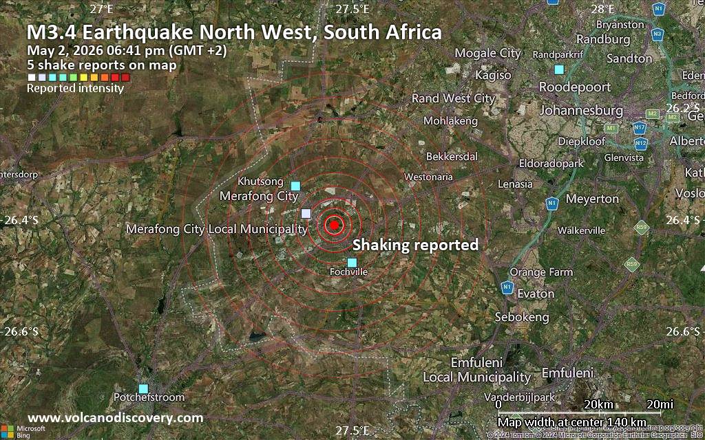 Seismic-like event, possible earthquake, reported about 10 minutes ago near Johannesburg, Gauteng, South Africa