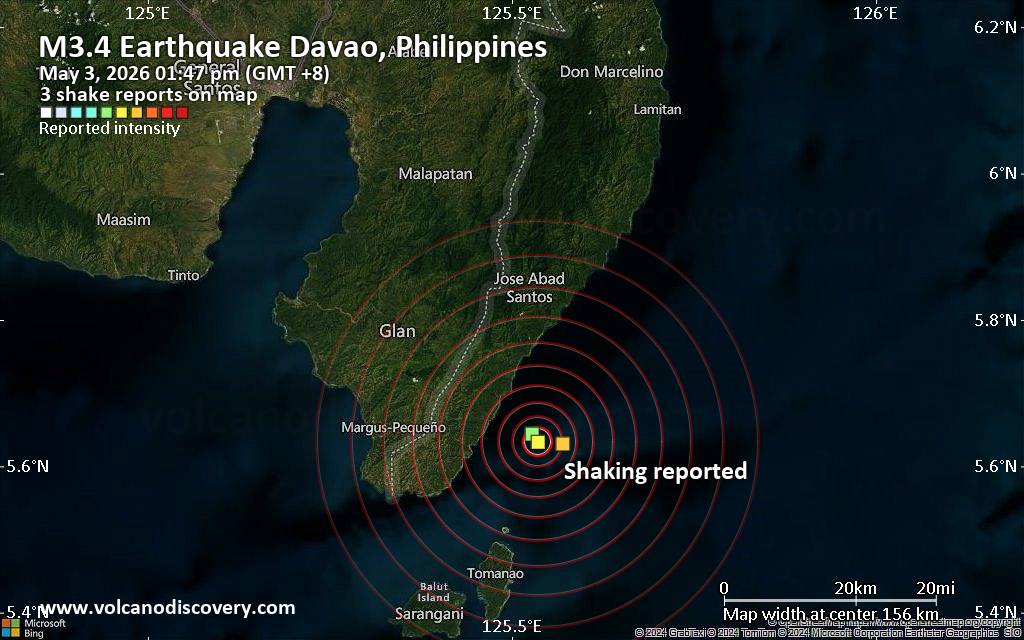 Seismic-like event, possible earthquake, reported few minutes ago near Sarangani, Davao Region, Philippines