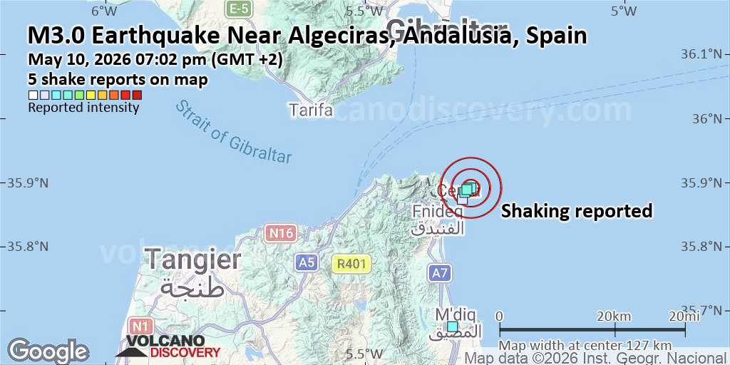 Seismic-like event, possible earthquake, reported few minutes ago near Algeciras, Andalusia, Spain